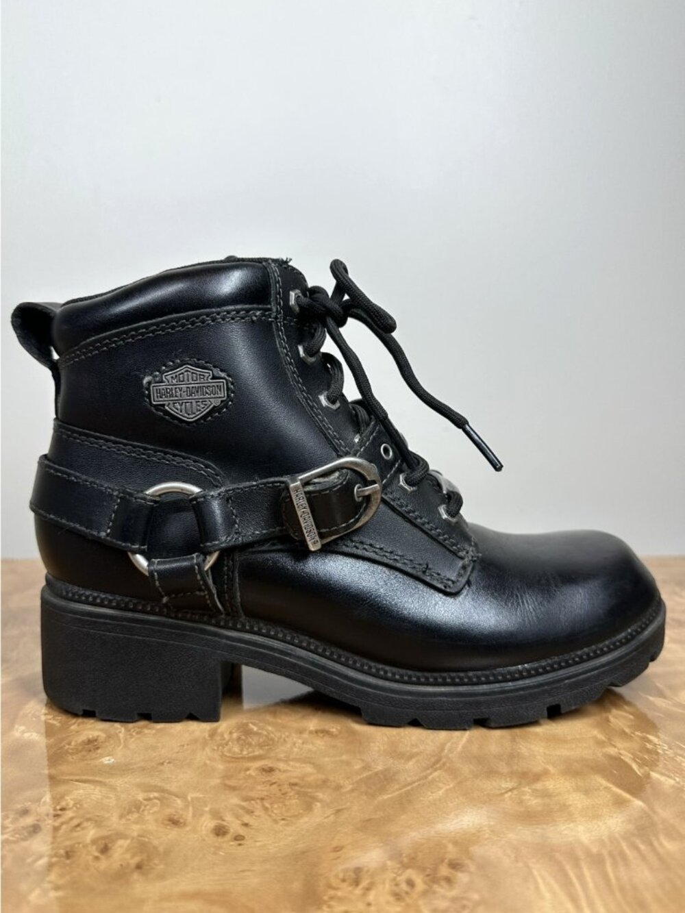 Harley Davidson Tegan Womens 7M Black Leather Harness Lace Up Moto Boots D84424